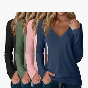 Breastfeeding And Pumping Hidden Zipper V-Neck Long Sleeve Tops- 4 Pack